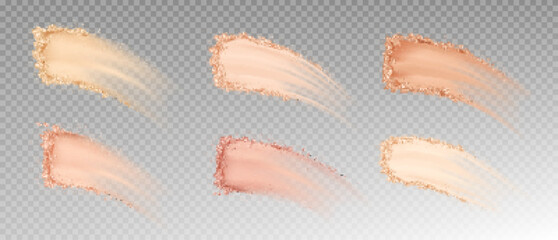 Dry powder, skin foundation smears, blush brush strokes broken crumbly texture. Beauty make up cosmetics product swatch, smudge trace samples isolated on transparent background Realistic 3d vector set