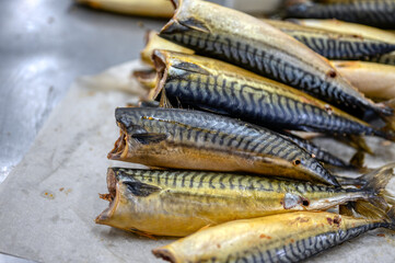 Lots of smoked mackerel carcasses. The fish is in a bunch.