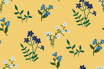 Seamless floral pattern. Small compositions of various white and blue flowers are scattered across the pattern field. Vector illustration.