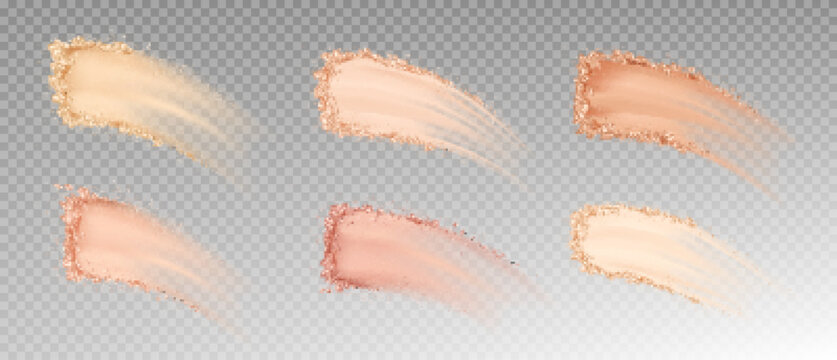 Dry powder, skin foundation smears, blush brush strokes broken crumbly texture. Beauty make up cosmetics product swatch, smudge trace samples isolated on transparent background Realistic 3d vector set