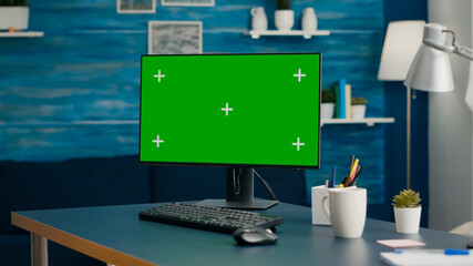 Modern computer with mock up green screen chroma key set up for personal business work....