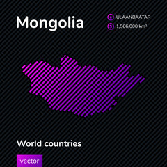 Vector creative digital neon flat line art abstract simple map of Mongolia with violet, purple, pink striped texture  on black background. Educational banner, poster about Mongolia