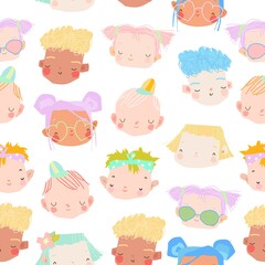 Seamless pattern of kids faces on a white background