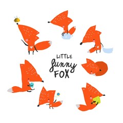 Cartoon illustration with crazy funny foxes on white background