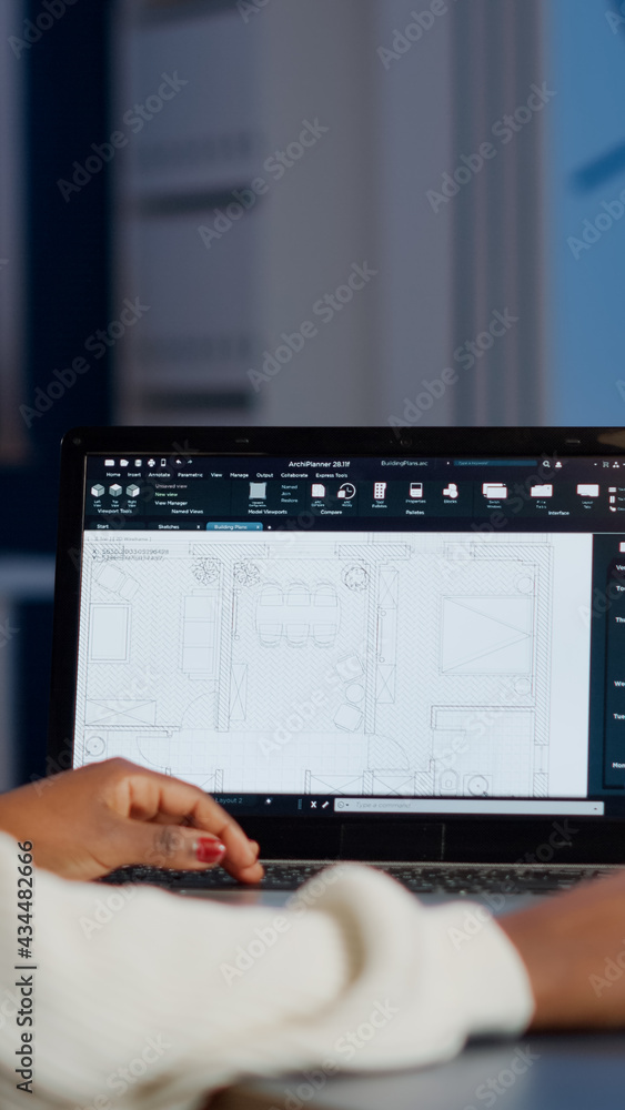 Poster african engineer constructor designer architect analysing new bluilding plan in cad program working 
