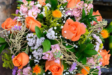 Beautiful floral arrangement with flowers of various types and colors. Beautiful colorful flower bouquet.