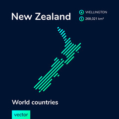 Vector creative digital neon flat line art abstract simple map of New Zealand with green, mint, turquoise striped texture  on dark blue background. Educational banner, poster about New Zealand