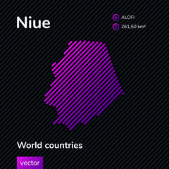 Map of Niue. Vector creative digital neon flat line art abstract simple map with violet, purple, pink striped texture  on black background. Educational banner, poster about Niue map