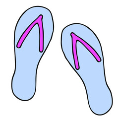 blue beach summer flip flops, summer shoes, vector color doodle element with black outline