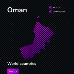 Map of Oman. Vector creative digital neon flat line art abstract simple map with violet, purple, pink striped texture  on black background. Educational banner, poster about Oman