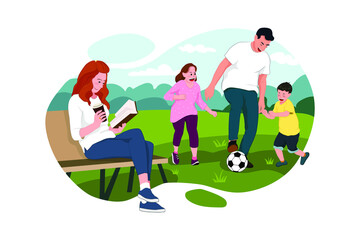 Family Outdoors Activities. Mother Reading Book, Father Playing with Children. Kids Spending Time Along in Park.