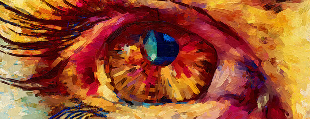 Eye oil painting, textured multicolored brush strokes. Wide wall print