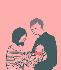 赤ちゃんを抱っこする母親と父親、夫婦、出産