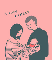 赤ちゃんを抱っこする母親と父親、夫婦、出産（テキスト有）