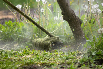 Lawn mover on green grass. Machine for cutting lawns.