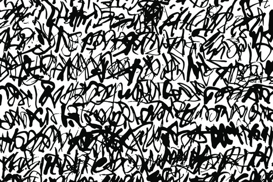 Grunge texture of illegible handwritten scribbles. Monochrome background of unreadable sloppy ink notes in the style of graffiti. Overlay template. Vector illustration