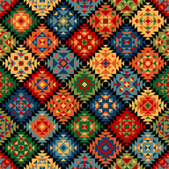 ethnic geometric ornament. color carpet. vector seamless pattern. layered repetitive background. patchwork fabric swatch. wrapping paper. continuous design element for home decor, apparel, textile