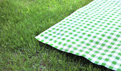 Green checkered cloth on grass empty space advertisement design. Food promotion. Picnic towel flat...