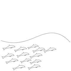 Dolphin family on sea line drawing vector illustration