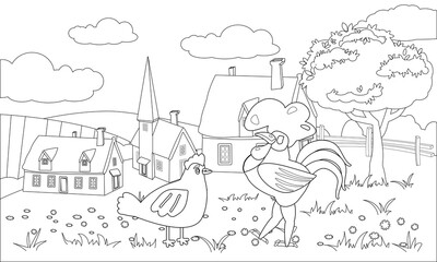 Obraz premium Farm animals coloring book educational illustration for children. Cute rooster and chicken, rural landscape colouring page. Vector black white outline cartoon characters