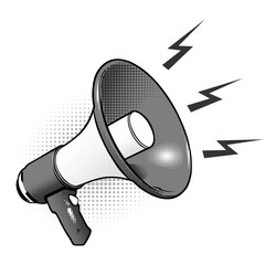Grayscale megaphone icon in cartoon comic style with halftones isolated on white background. Vector illustration