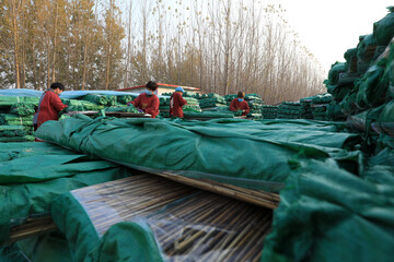 The workers are packing the reed curtains in the factory