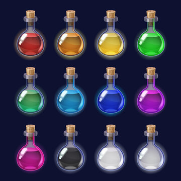 Set Bottles liquid potion magic elixir colorful . Game icon GUI for app games user interface. Vector illstration isolated cartoon style