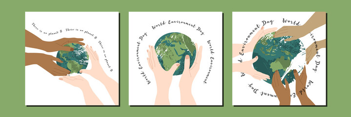 World Environment Day, june 5. Happy Mother Earth Day, Earth Hour. Environment protection. Hands hold planet gently. Vector flat cartoon illustration. Perfect for card, poster, flyer, banner design - 434486642