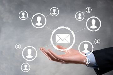 Email and user icon,sign,symbol marketing or newsletter concept, diagram.Sending email.Bulk mail.Email and sms marketing concept. Scheme of direct sales in business. List of clients for mailing.