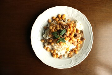 rice with meat and chickpeas, top view