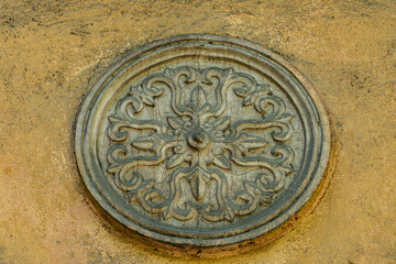 Reliefs abstraction of real texture, volumetric patterns in the form of stucco molding on buildings, houses, cultural objects, cast from concrete and painted with paint