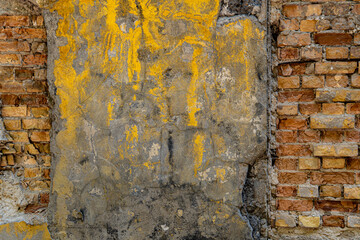 Brick wall texture, loft style, destruction of concrete and stone, antiquity corrosion, foundations of building floors, chips, cracks