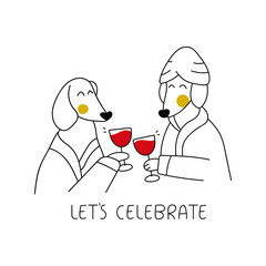 Let's celebrate. Two happy dachshunds with glasses of wine. Vector outline illustration. Best for greeting cards design.  