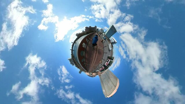 Urban tiny planet.  360 degree, on vehicle, bike shot in beautiful sunny day
