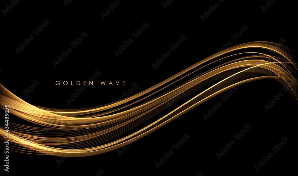 Aufkleber Abstract Gold Waves. Shiny golden moving lines design element with glitter effect on dark background for greeting card and disqount voucher.