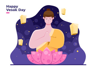 Happy Vesak Day Illustration with Buddhist monks Meditation at Lotus Flower at nighttime with flying lanterns. Selamat Hari raya waisak. Buddha Religion Holiday illustration.