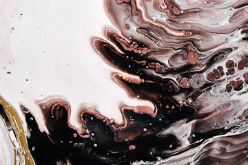Acrylic Fluid Art. Brown and black waves and stains. Abstract marble agate stone background or...