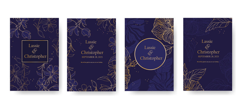A set of wedding invitations with gold accents on a dark blue background. Invitation with floral decor and text frame. Modern RSVP greeting card design with natural design elements. EPS10.