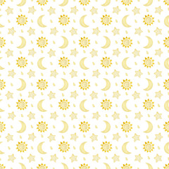 Watercolor seamless pattern moon, sun, stars on a white background.