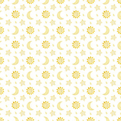 Watercolor seamless pattern moon, sun, stars on a white background.