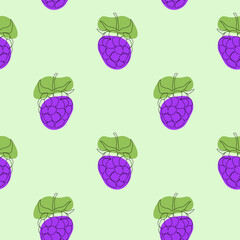 Seamless pattern with blackberry on green background. Continuous one line drawing blackberry. Black line art on green background with colorful spots. Vegan concept