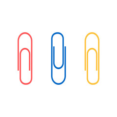 Flat vector illustration of red, blue, yellow paper clips and pins. Isolated on white background