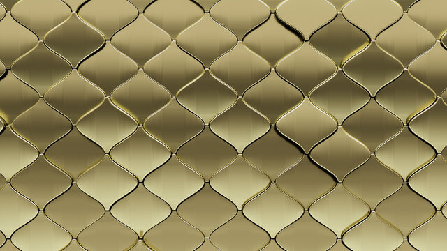 Gold Tiles arranged to create a 3D wall. Luxurious, Glossy Background formed from Arabesque blocks. 3D Render