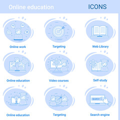 Online education.A set of web icons in the style of thin contours.A collection of various icons for web design. Vector illustration.