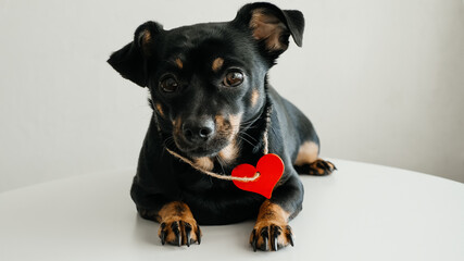 funny little black dog with red wooden heart, animal love medallion, on white background