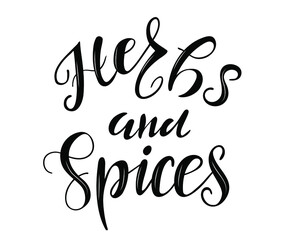 Herbs and spices handwritten text.  Design for poster, logo, print. Spice shop, store, market concept. Vector colorful illustration