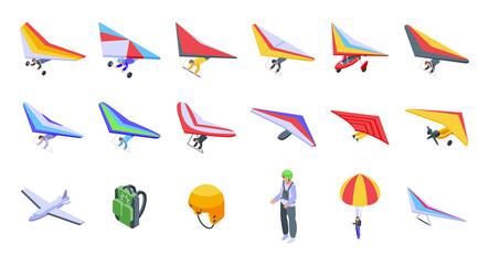 Hang glider icons set. Isometric set of hang glider vector icons for web design isolated on white background - obrazy, fototapety, plakaty