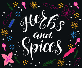 Herbs and spices handwritten text.  Design for poster, logo, print. Spice shop, store, market concept. Vector colorful illustration