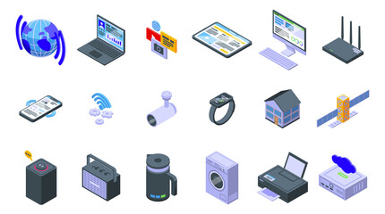 Internet connection icons set. Isometric set of internet connection vector icons for web design isolated on white background
