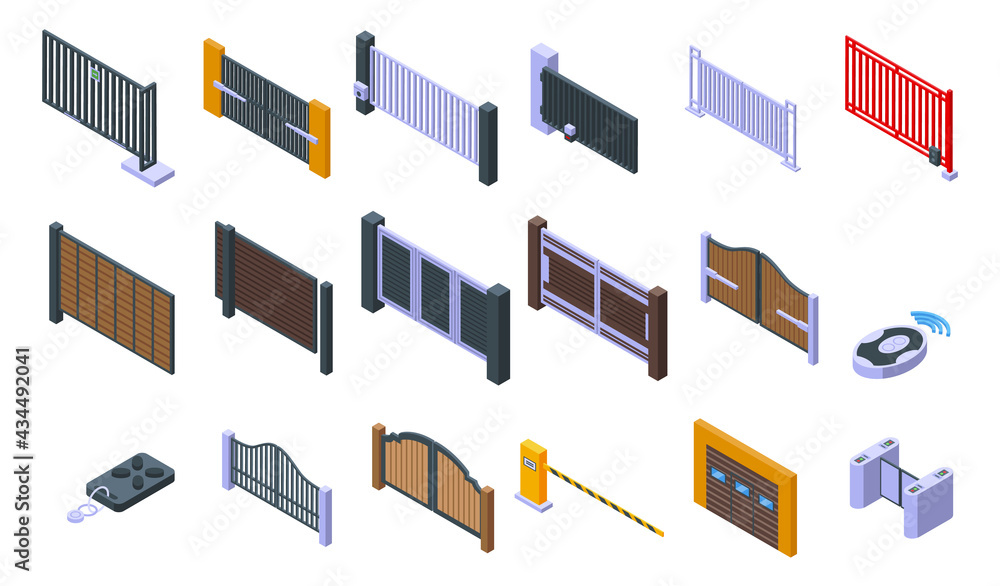 Poster automatic gate icons set. isometric set of automatic gate vector icons for web design isolated on wh